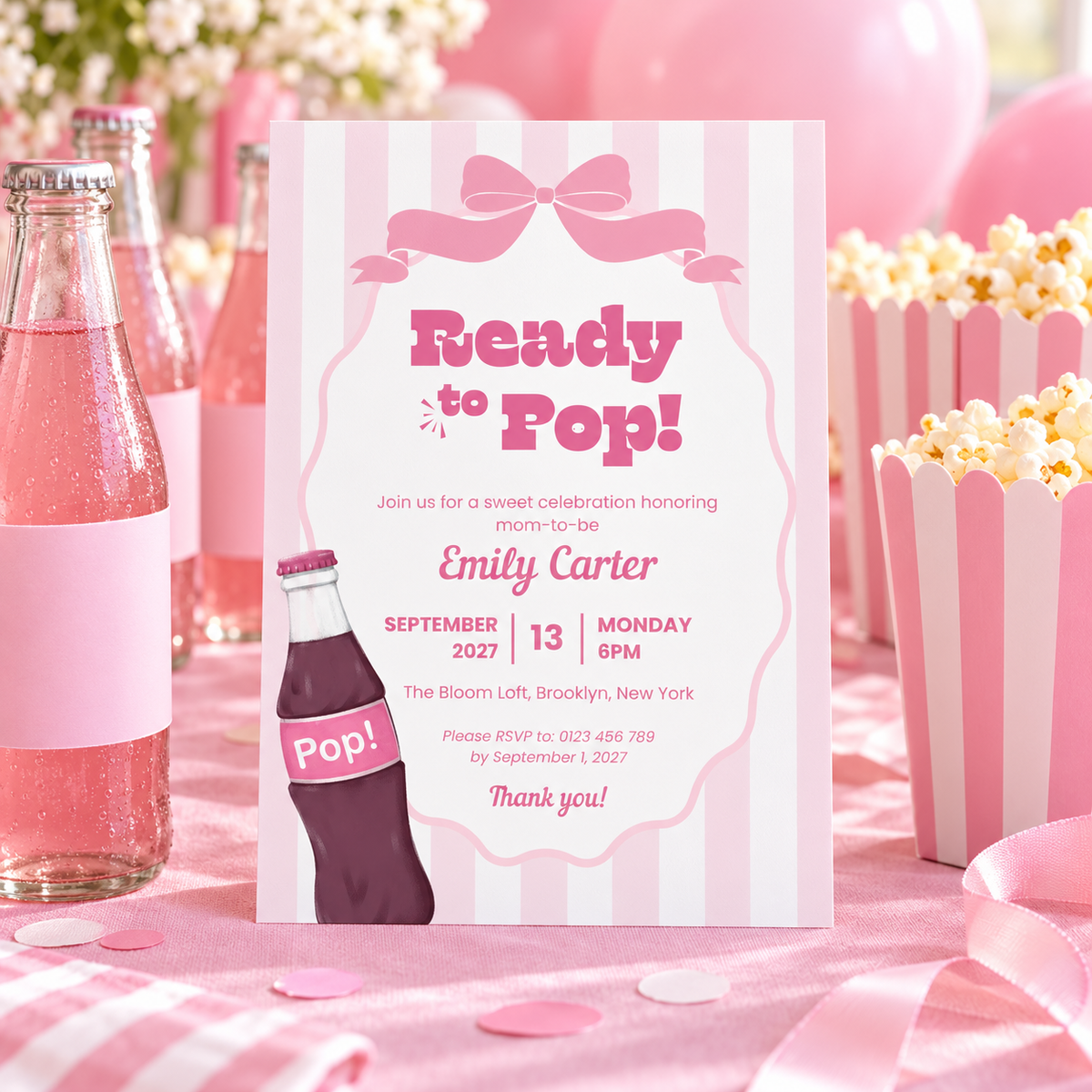 Ready To Pop baby shower invitation on a pink party table with striped popcorn boxes, soda bottles and pink balloons