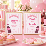 Ready To Pop baby shower party signs, Sweet Treats and Food and Drink signs in frames on a pink dessert table