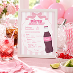 Ready To Pop Dirty Soda Bar sign in a white frame on a pink baby shower drink station with soda glasses and striped straws