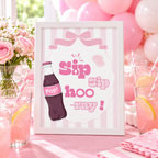 Ready To Pop Sip Sip Hooray sign framed on a pink drinks table with balloons and pink lemonade