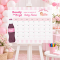 Ready To Pop baby shower due date calendar on an easel with pink balloons and a cup of markers