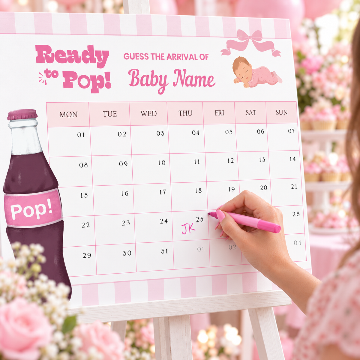 Guest writing initials on a date of the Ready To Pop due date calendar