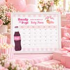 Framed Ready To Pop due date calendar on a pink gift table with striped popcorn boxes