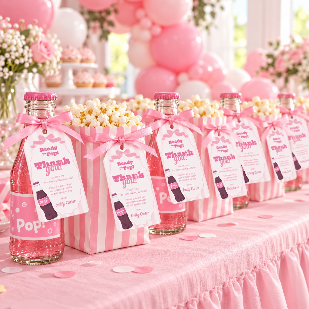 Row of pink baby shower favors with Ready To Pop favor tags and balloons