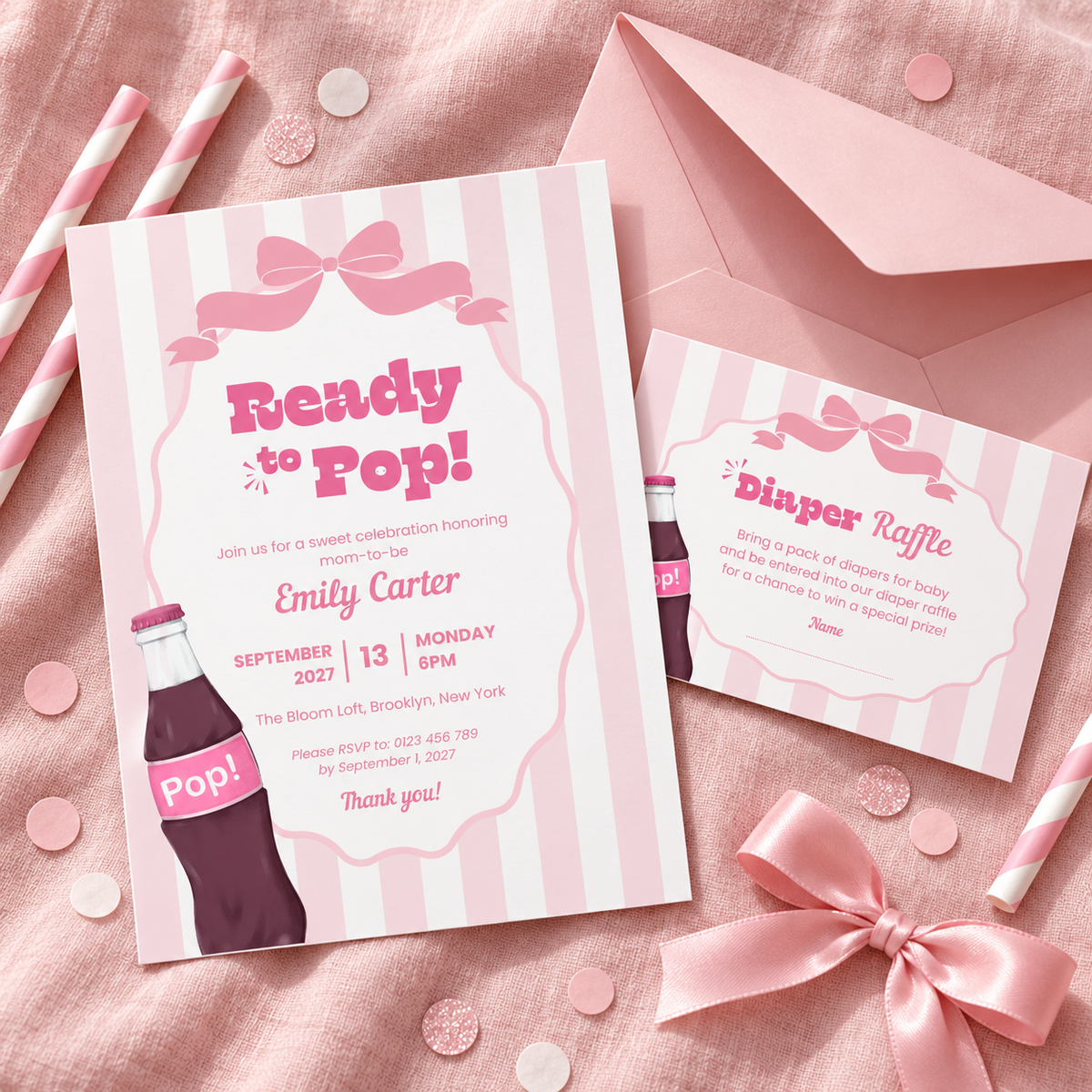 Ready To Pop diaper raffle card tucked behind the matching pink striped baby shower invitation with a blush envelope