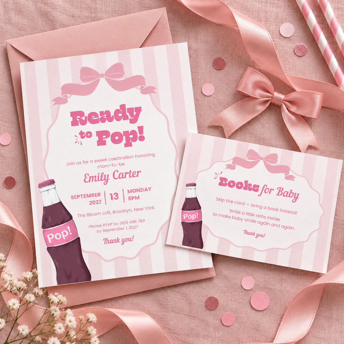 Ready To Pop books for baby card tucked with the matching pink striped soda pop baby shower invitation and a blush envelope
