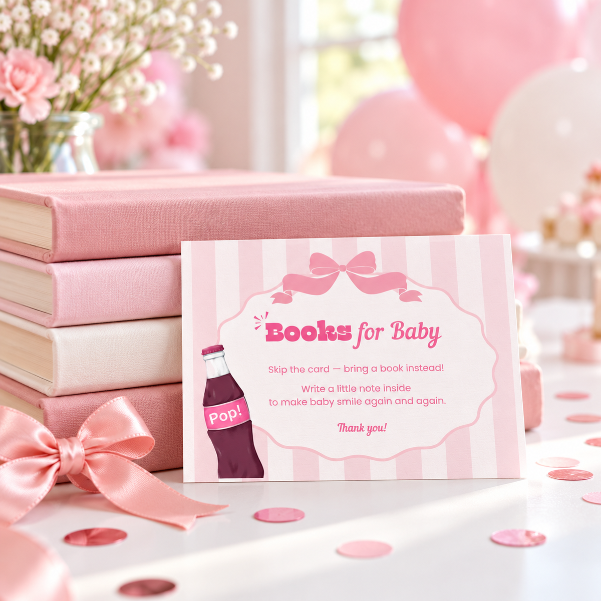 Ready To Pop books for baby card leaning on a stack of pink children's books with pink balloons
