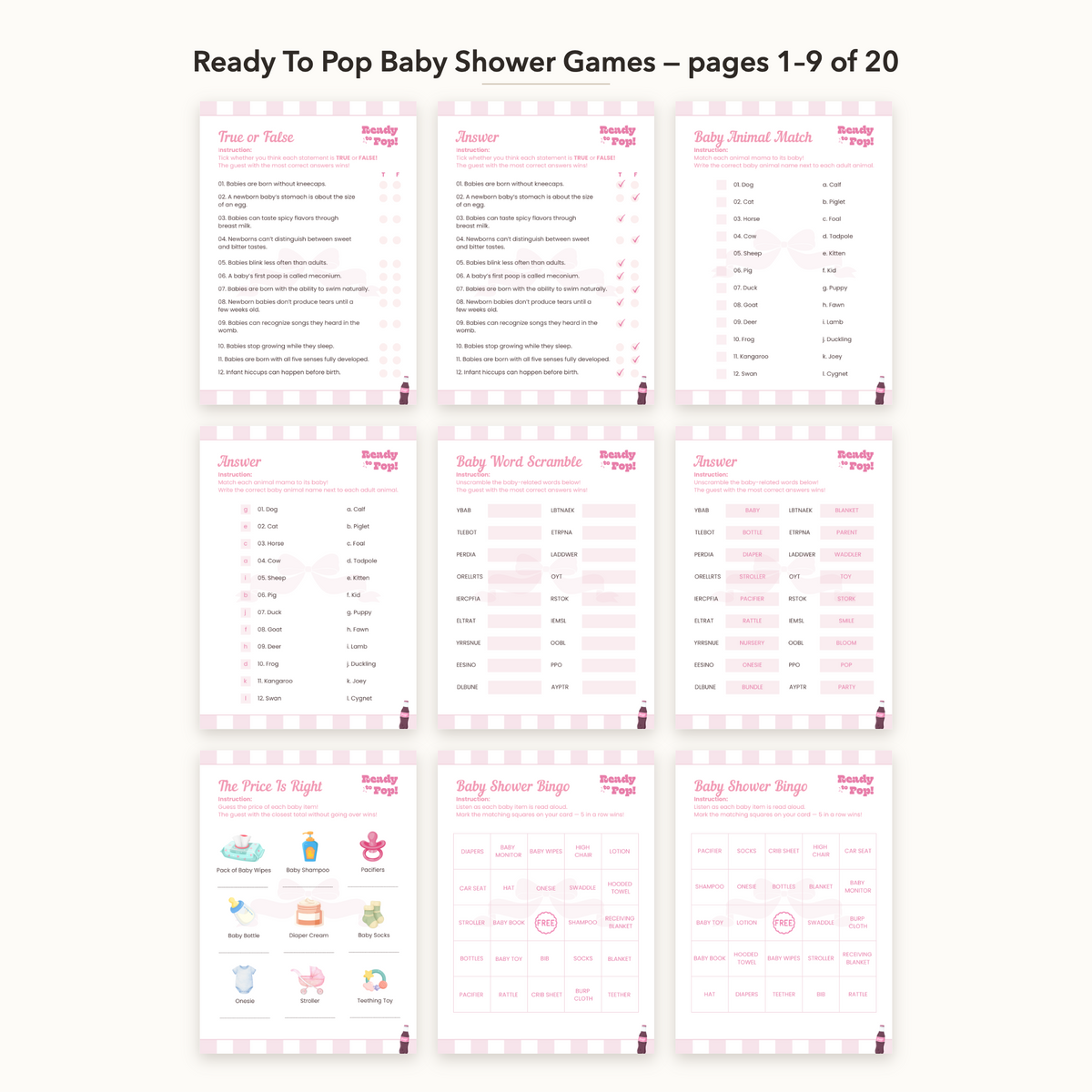 Ready To Pop baby shower games bundle, pages 1 to 9
