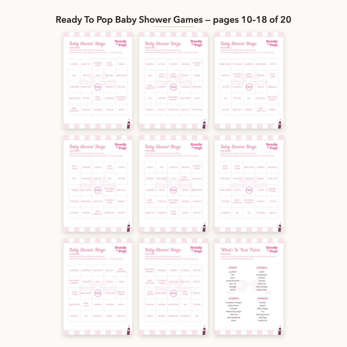 Ready To Pop baby shower games bundle, pages 10 to 18