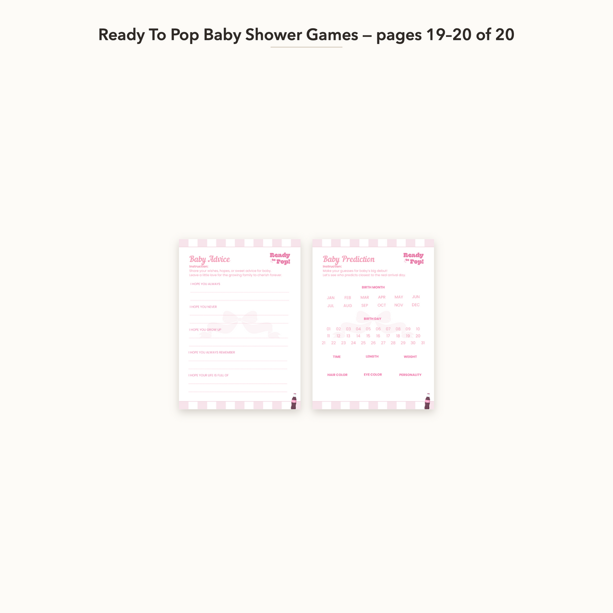 Ready To Pop baby shower games bundle, pages 19 to 20