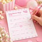 Guest marking squares on a Ready To Pop baby shower bingo card with a pink pencil
