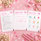 Flat lay of three Ready To Pop baby shower game cards with pink confetti and a satin bow