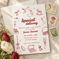 Special Delivery baby shower invitation with stork doodles on an ivory envelope with vintage style stamps and flowers