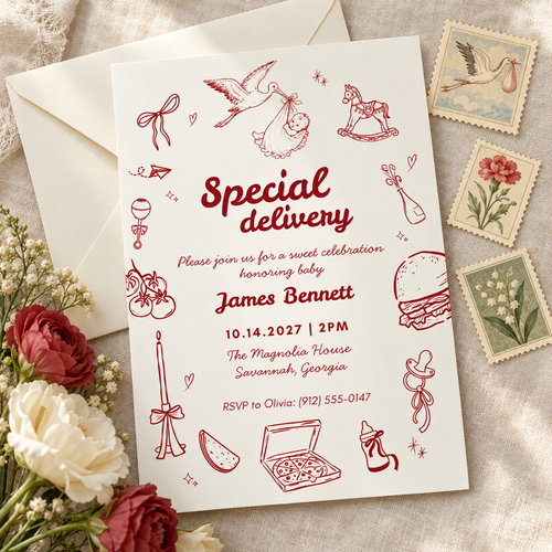 Special Delivery baby shower invitation with stork doodles on an ivory envelope with vintage style stamps and flowers