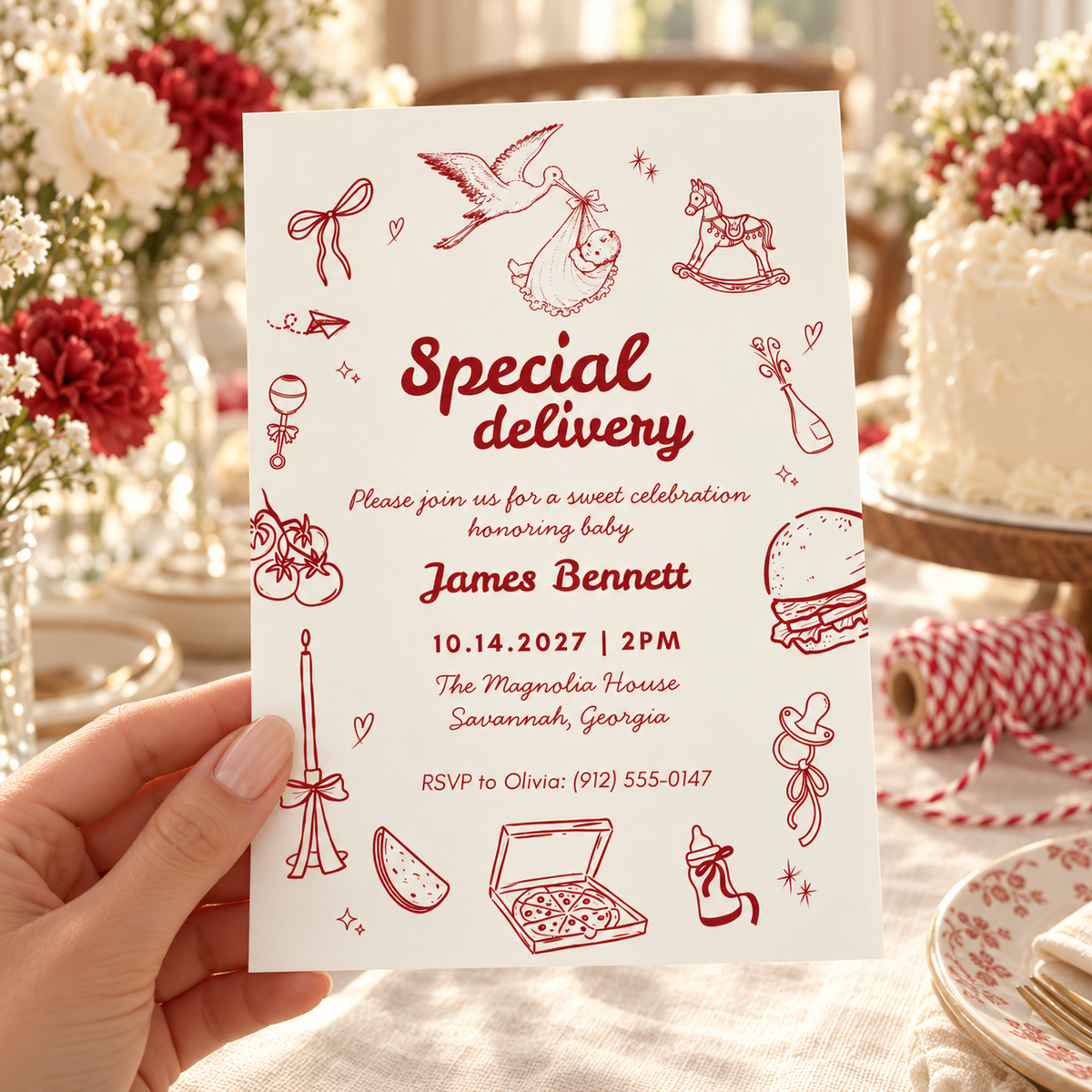 Hand holding the Special Delivery stork baby shower invitation at a party table