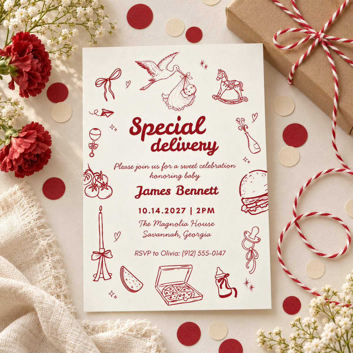 Flat lay of the Special Delivery baby shower invitation with a kraft parcel, red and white twine and confetti
