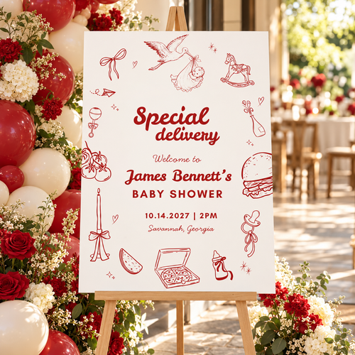 Special Delivery baby shower welcome sign on an easel at the entrance with red and cream balloons and flowers