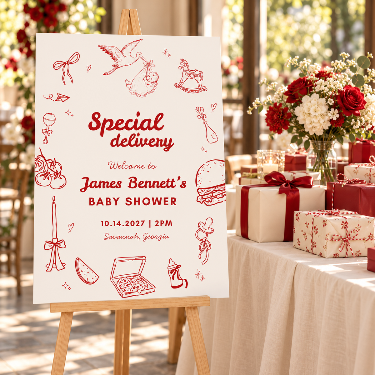 Special Delivery stork welcome sign beside a baby shower gift table with wrapped parcels