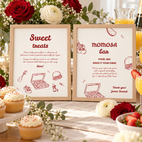 Special Delivery baby shower party signs: Sweet Treats and Momosa Bar signs in frames on a buffet with red and cream flowers