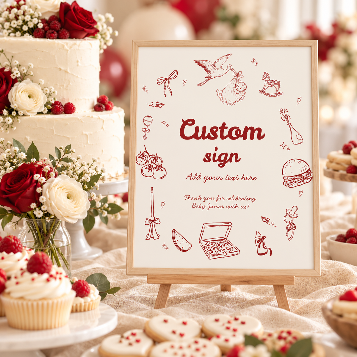 Special Delivery custom baby shower sign with stork doodles on a small easel on a dessert table