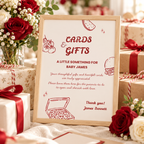 Special Delivery Cards and Gifts baby shower sign framed between wrapped parcels with red ribbons