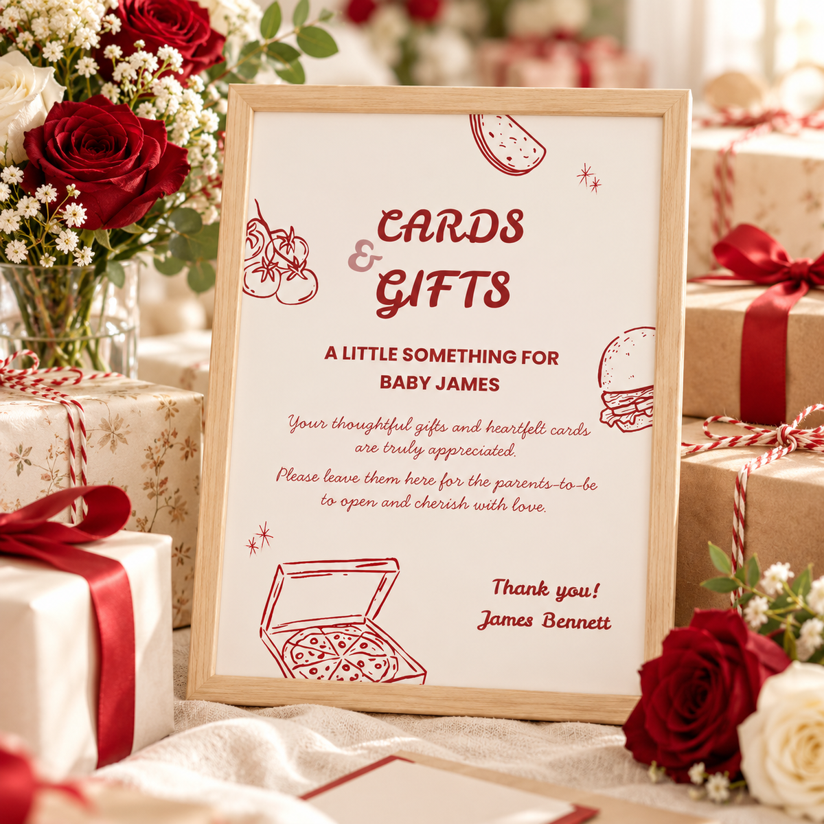 Special Delivery Cards and Gifts baby shower sign framed between wrapped parcels with red ribbons