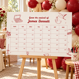 Special Delivery due date calendar poster on an easel at a baby shower with red and cream balloons