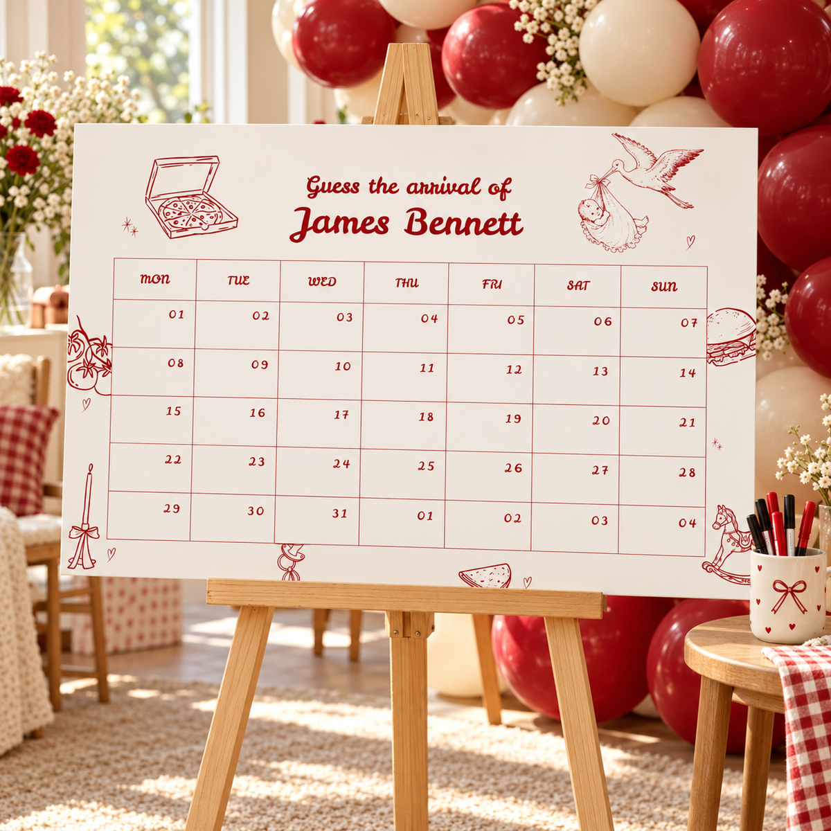 Special Delivery due date calendar poster on an easel at a baby shower with red and cream balloons