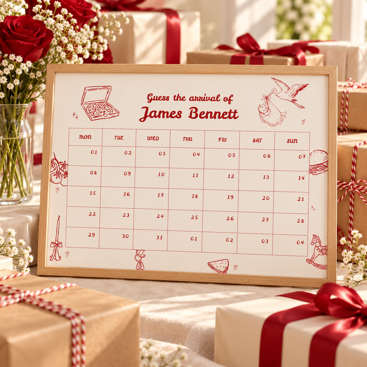 Framed Special Delivery due date calendar on a gift table with wrapped parcels