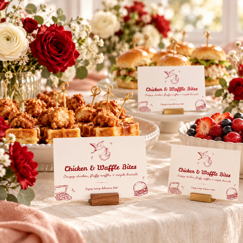 Special Delivery baby shower food labels on stands in front of dishes on a buffet with red and cream flowers