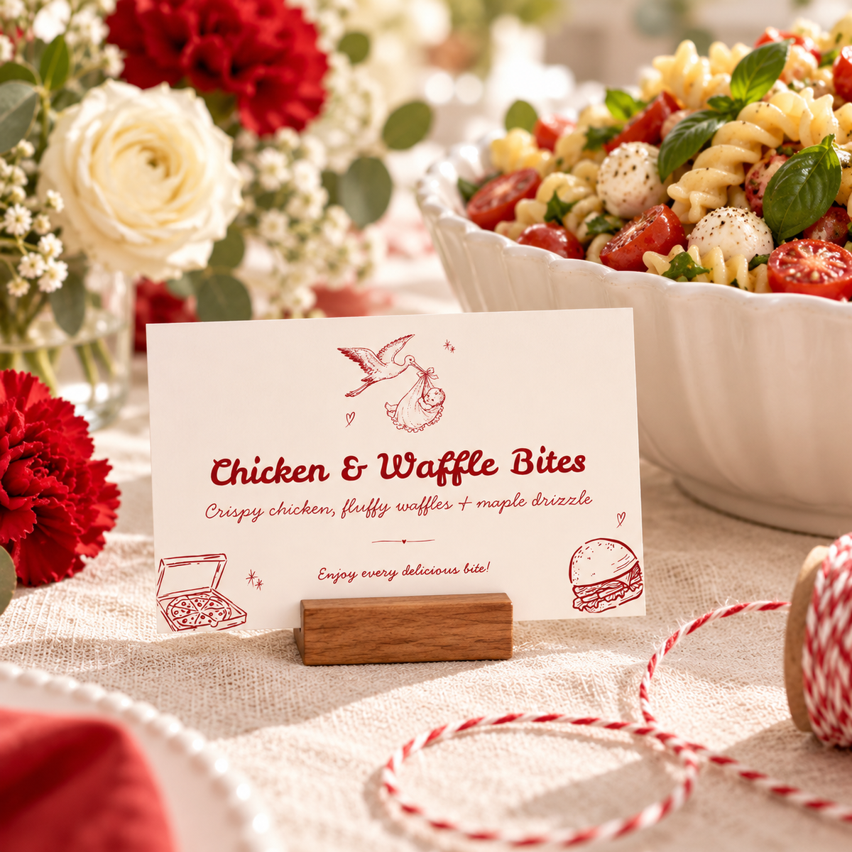 Close-up of a Special Delivery stork food label next to a bowl of pasta salad