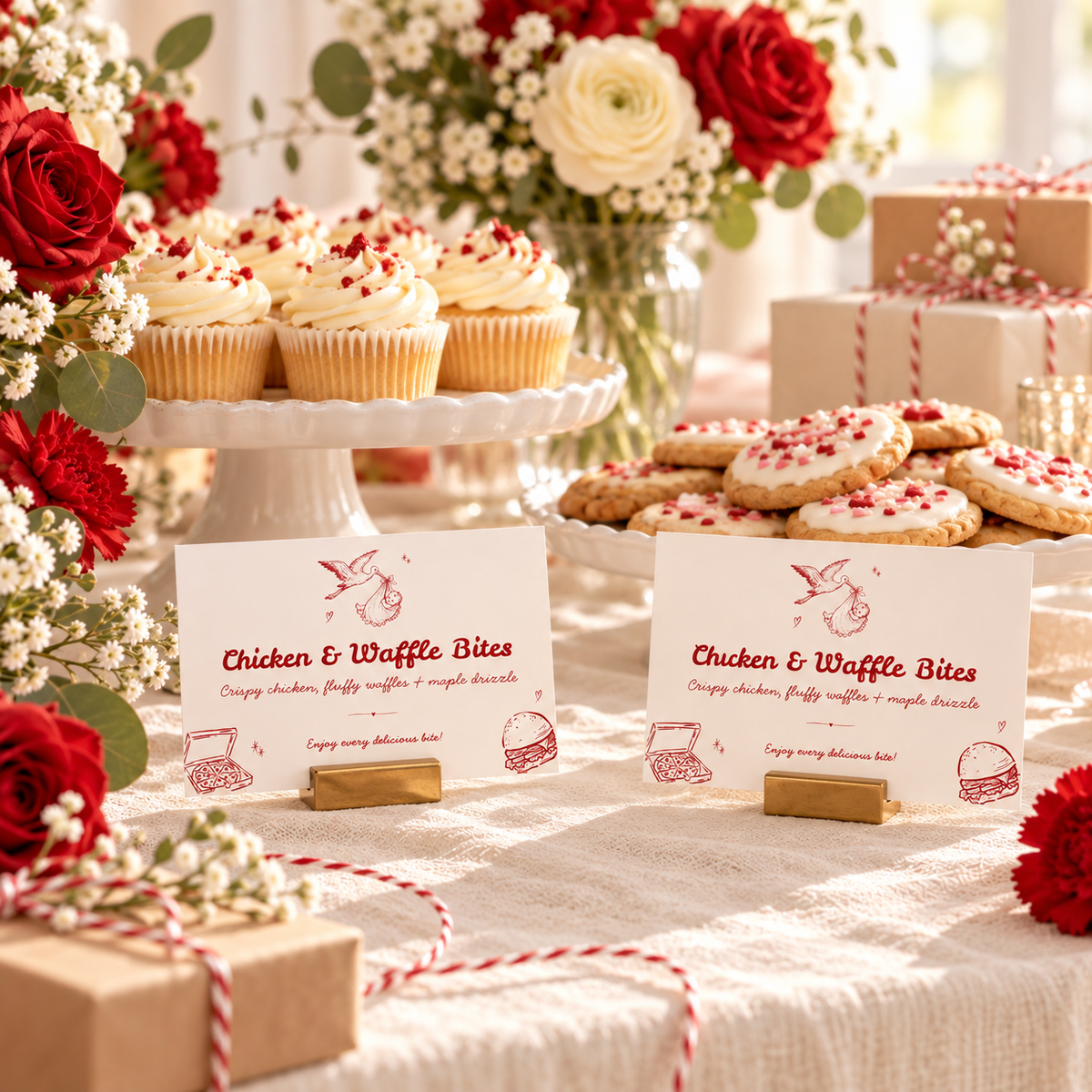 Special Delivery food labels on a baby shower dessert table with cupcakes and wrapped parcels