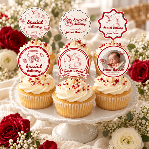 Special Delivery cupcake toppers on cupcakes on a white cake stand with red roses and cream flowers