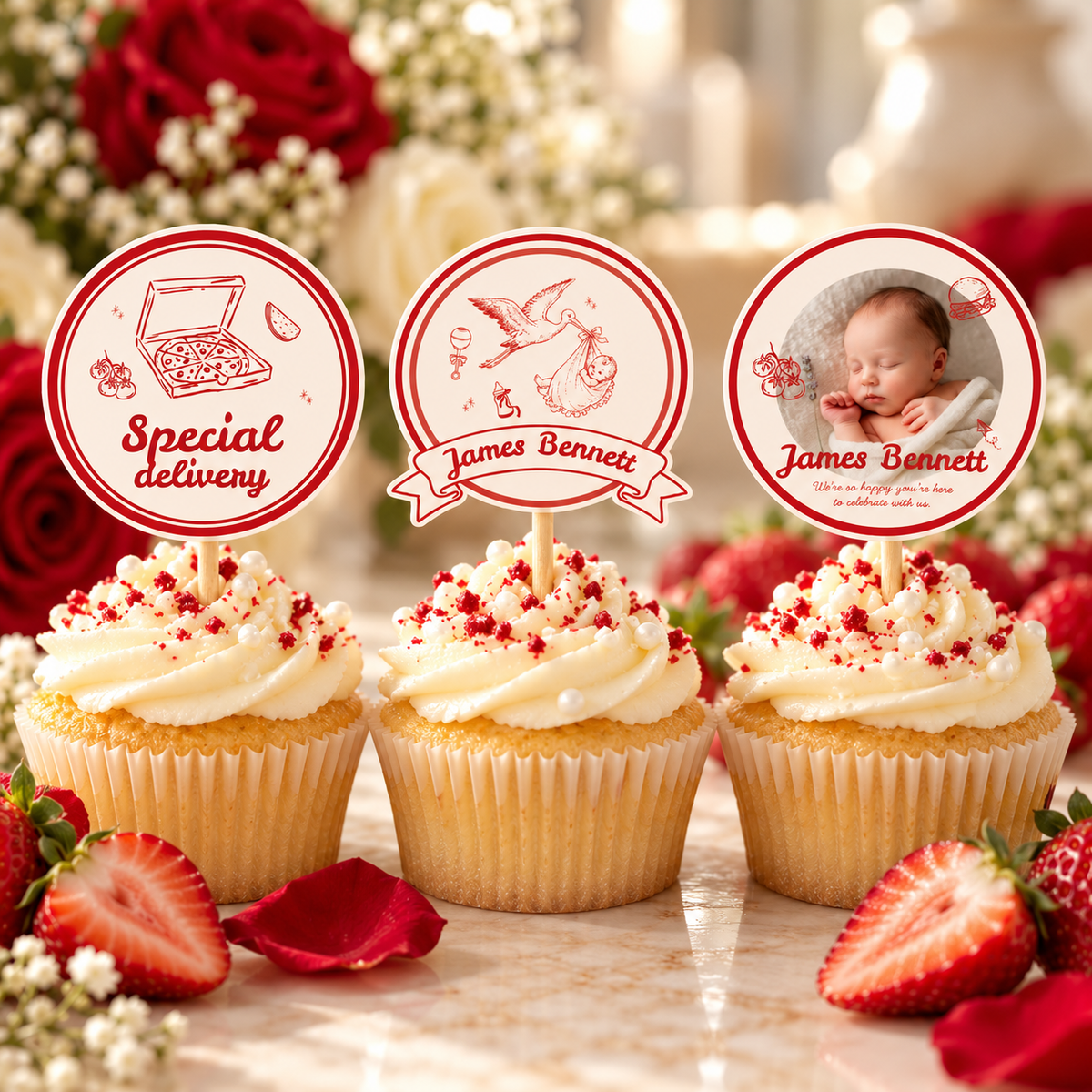 Close-up of three Special Delivery cupcake toppers with strawberries