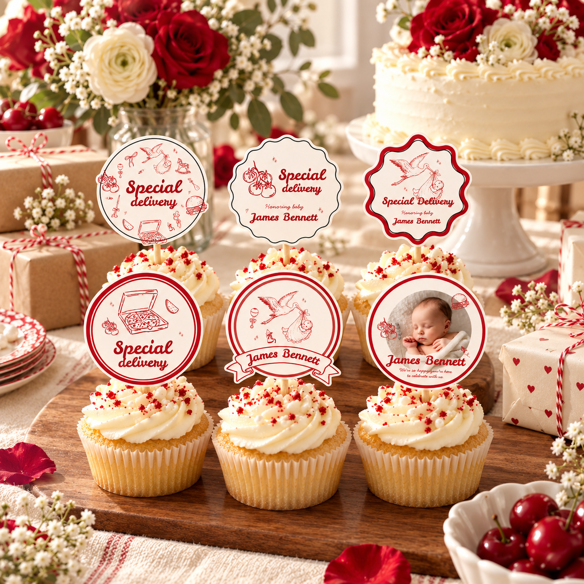 Special Delivery cupcake toppers on a baby shower dessert table with wrapped gifts