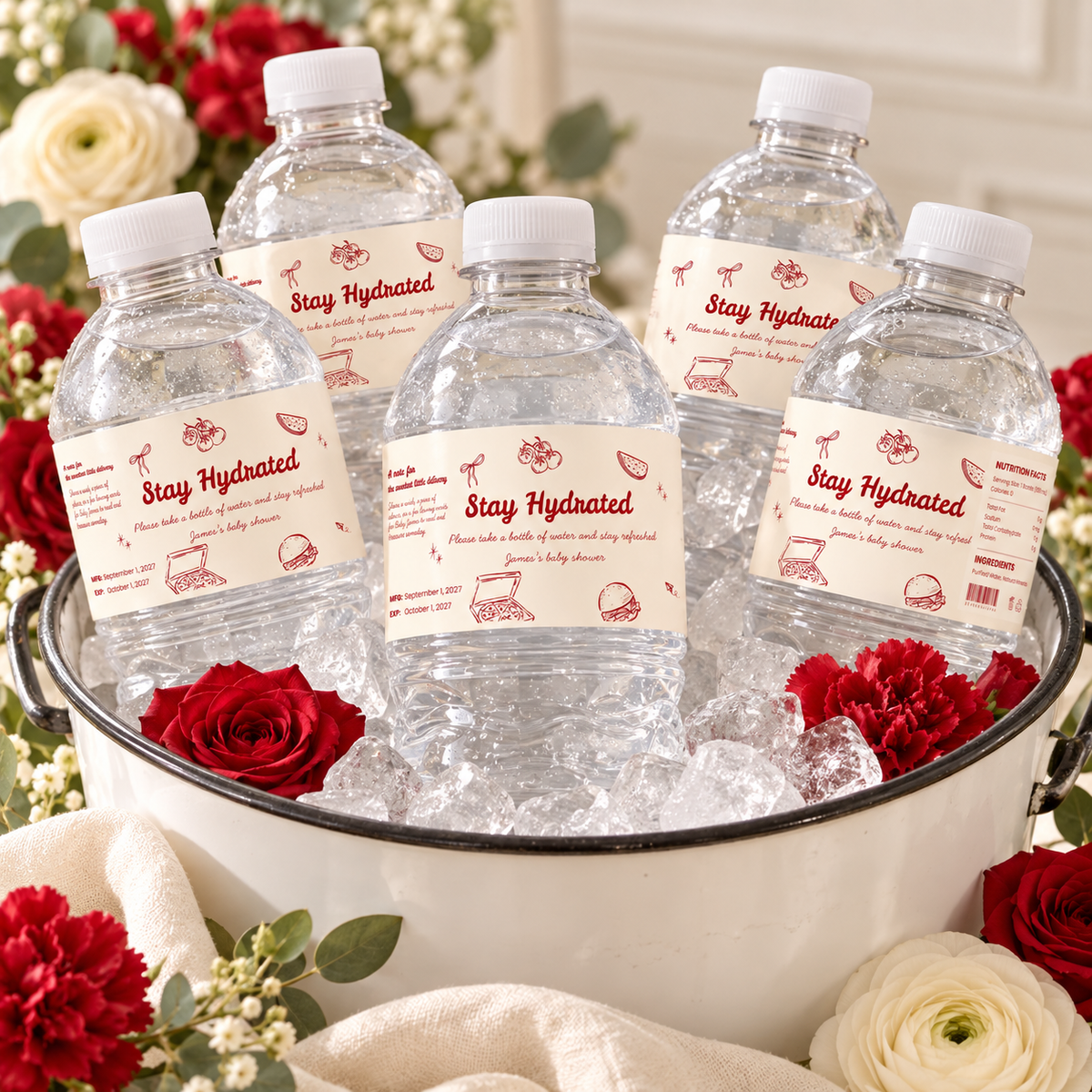 Special Delivery baby shower water bottle labels on bottles in an ice bucket with red and cream flowers