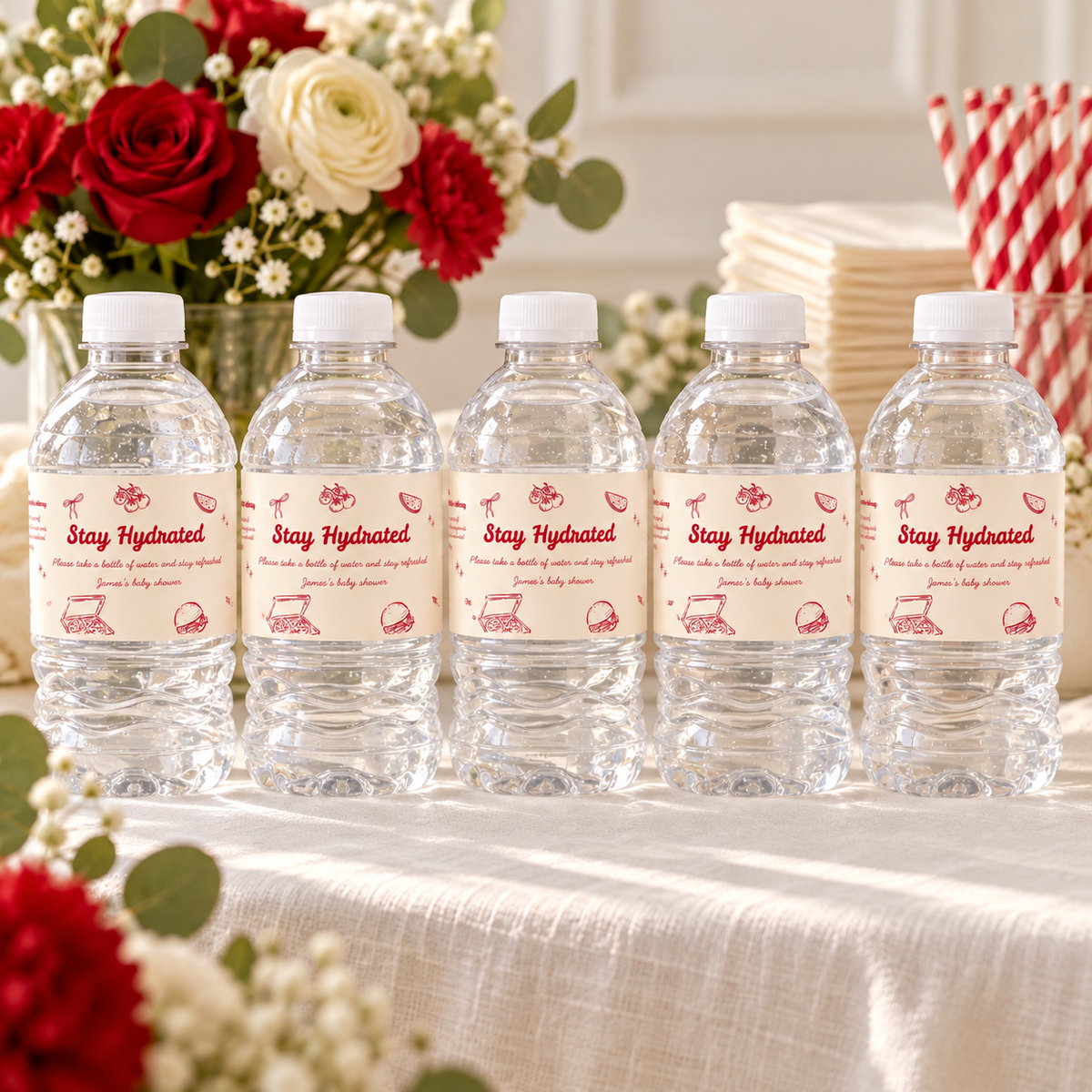Row of water bottles with Special Delivery stork baby shower labels on a drinks table