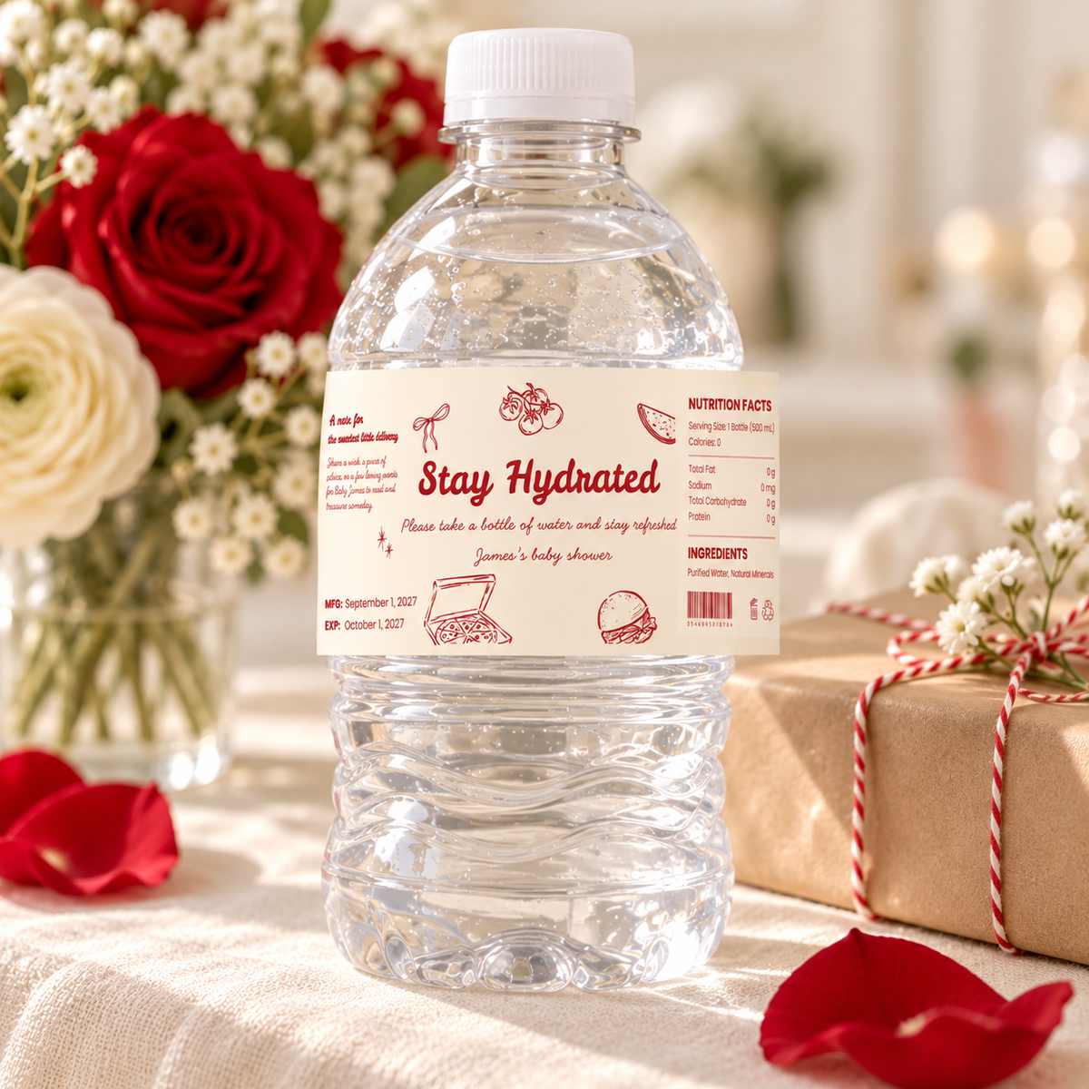 Close-up of a Special Delivery water bottle label next to a wrapped parcel
