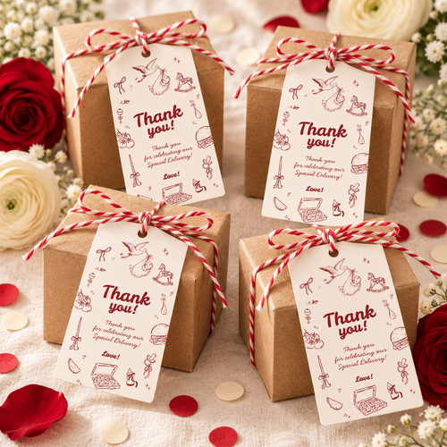 Special Delivery baby shower favor tags tied with red and white twine to kraft favor boxes