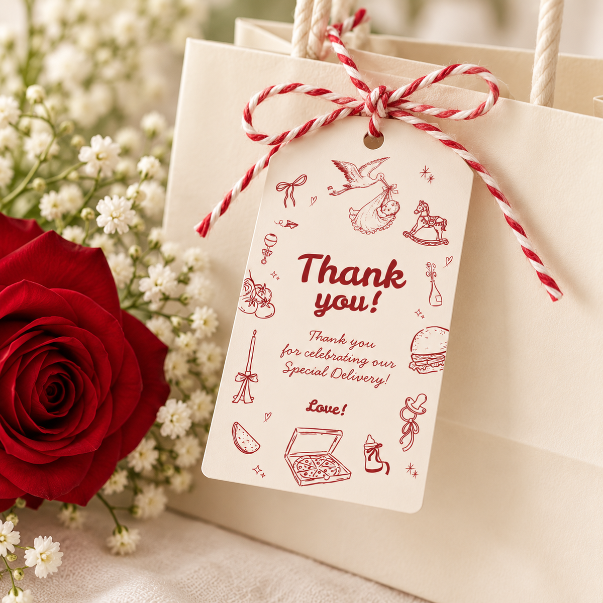 Close-up of a Special Delivery stork thank you tag on a cream gift bag