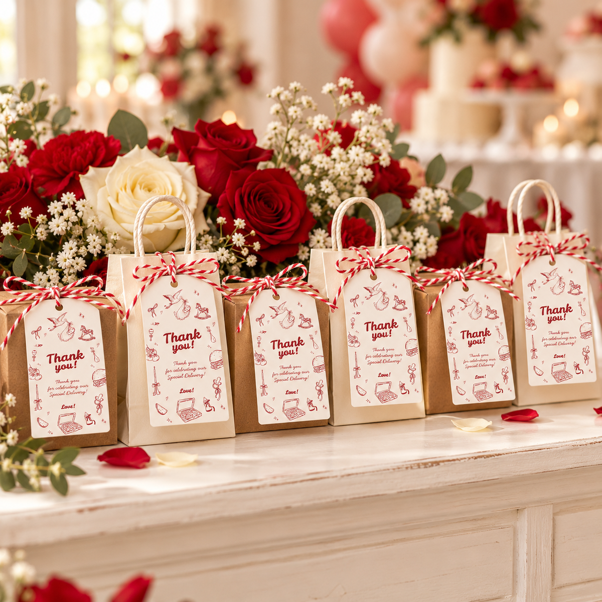 Row of baby shower favors with Special Delivery thank you tags and red and cream flowers