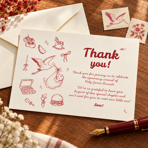 Special Delivery baby shower thank you card on a wooden desk with a cream envelope, vintage-style stamps and a fountain pen
