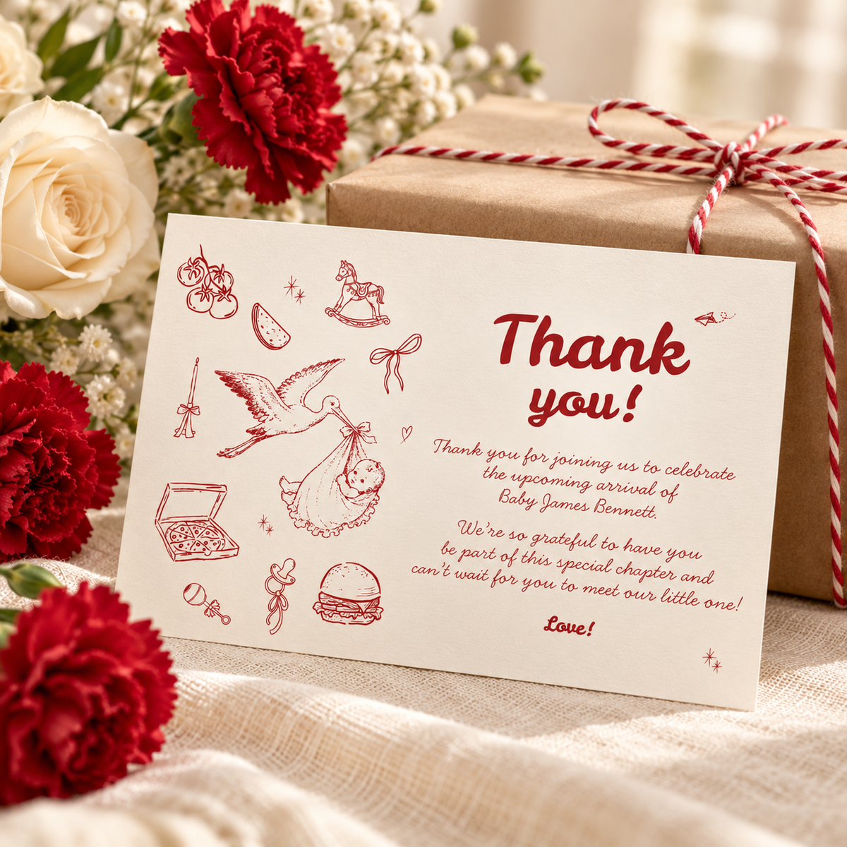 Special Delivery stork thank you card propped against a kraft parcel tied with red and white twine