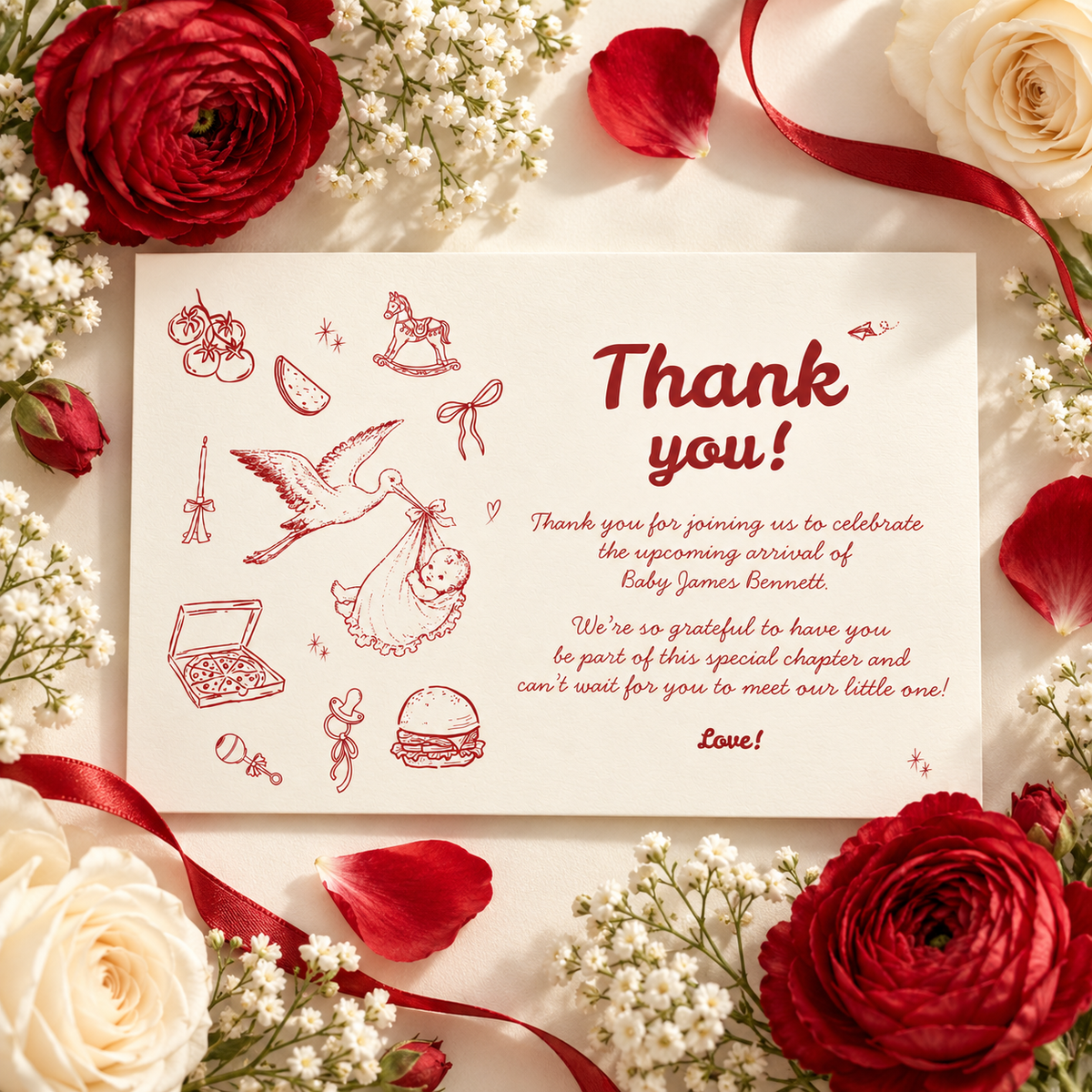 Special Delivery thank you card flat lay with red and cream flowers and red satin ribbon
