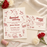 Special Delivery diaper raffle card tucked with the matching stork baby shower invitation on a cream envelope with red and ivory carnations