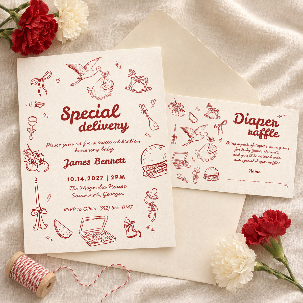 Special Delivery diaper raffle card tucked with the matching stork baby shower invitation on a cream envelope with red and ivory carnations