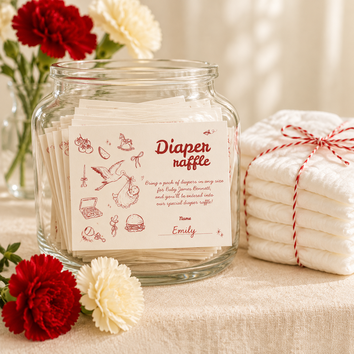 Filled-in Special Delivery diaper raffle cards in a glass jar next to a stack of diapers tied with red and white twine