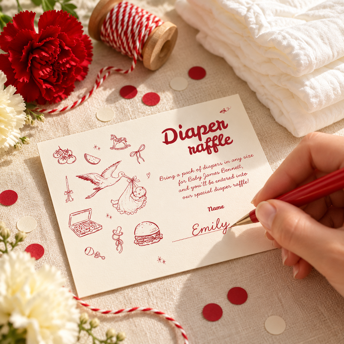 Guest writing a name on a Special Delivery stork diaper raffle card with a red pen