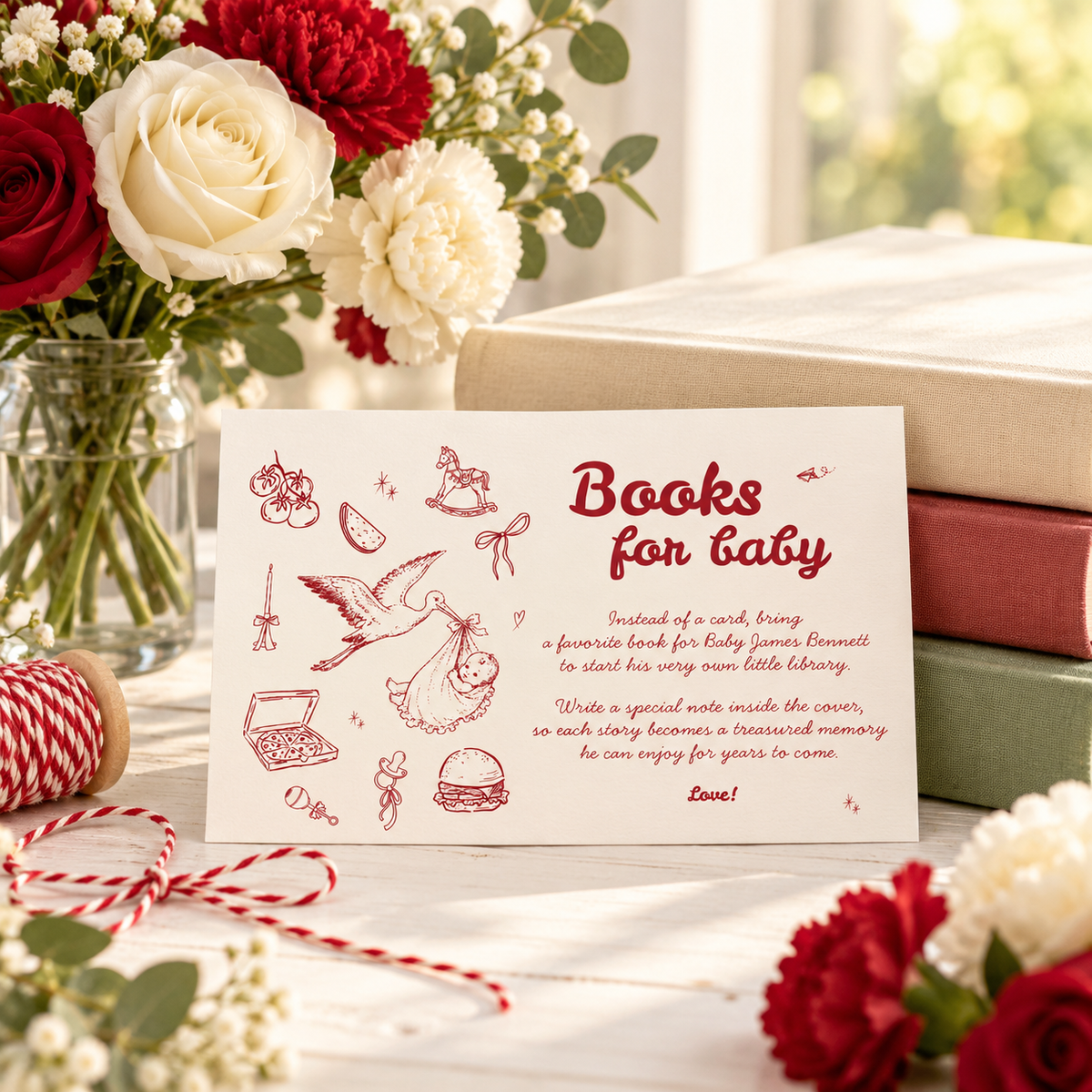 Special Delivery books for baby card leaning on a stack of children's books with red and cream flowers