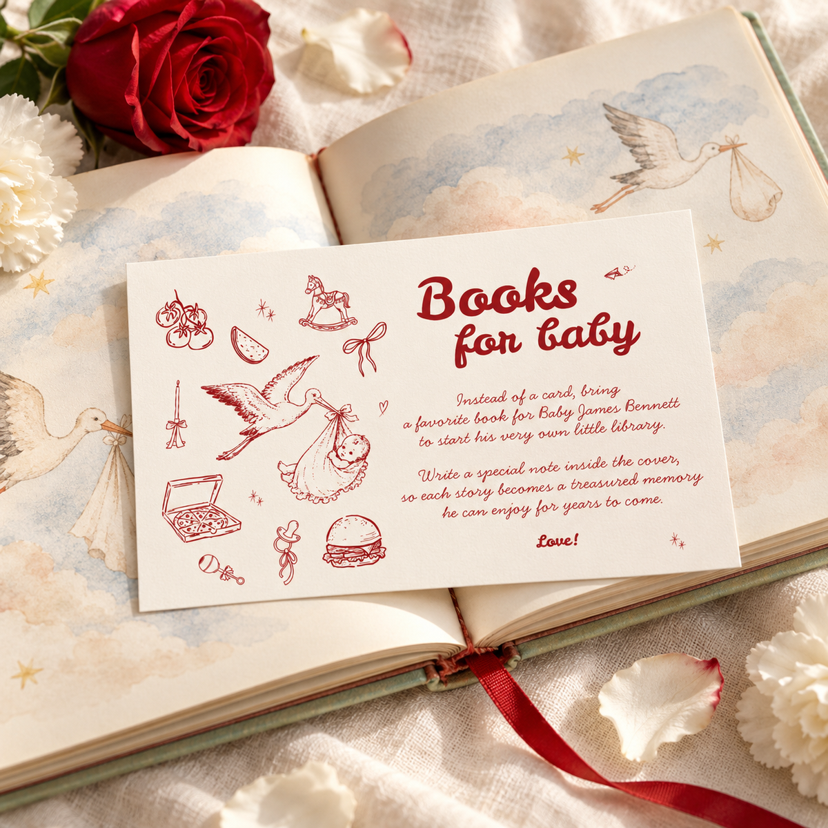Close-up of the Special Delivery books for baby card tucked into an open picture book